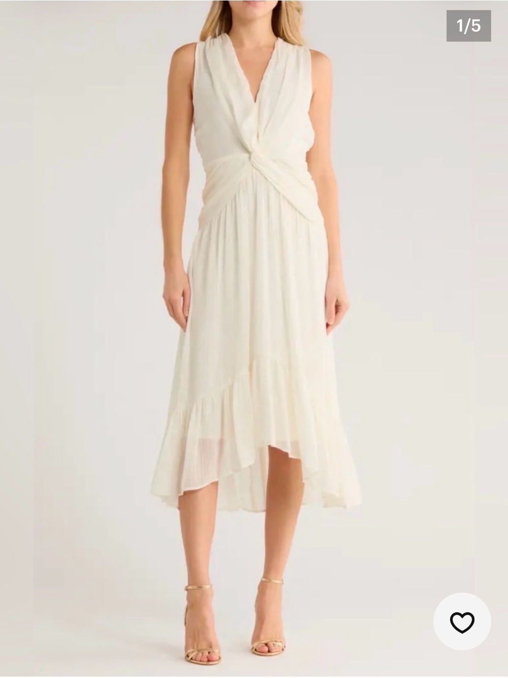DKNY Eggshell Metallic Twist Front High-Low Ruffle Dress